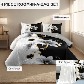 4 Piece Soft All-Season Washed Microfiber And Viscose Comforter Set ,  With Comforter, Sheet, Pillowcases & Shams, Print, Flowerd, Moisture-Wicki (Color: black/white lotus, size: KING)