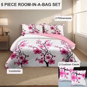 5 Piece Soft All-Season Washed Microfiber And Viscose Comforter Set ,  With Comforter, Sheet, Pillowcases & Shams, Print, Flowerd, Moisture-Wicki (Color: pink mei flower, size: QUEEN)