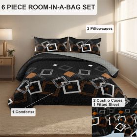 6 Piece Soft All-Season Washed Microfiber And Viscose Comforter Set ,  With Comforter, Sheet, Pillowcases & Shams, Print, Flowerd, Moisture-Wicki (Color: black geometry, size: CAL KING)