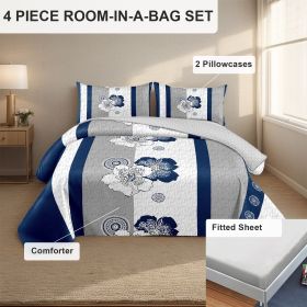 4 Piece Soft All-Season Washed Microfiber And Viscose Comforter Set ,  With Comforter, Sheet, Pillowcases & Shams, Print, Flowerd, Moisture-Wicki (Color: blue/white flower, size: CAL KING)